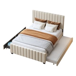 Lit Enfant 140x190 Cm Avec Lit Gigogne, 2 Tiroirs, En Tissu Velours Doux Pour La Peau, Beige