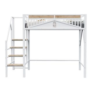 Lit Mezzanine 140x200 Cm En Métal, Lit Enfant, Avec Design De Fenêtre, Avec Échelle, Blanc