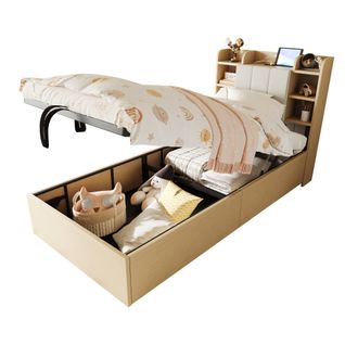 Lit coffre 90x200 Cm En Bois, Tête De Lit Avec Rangement, Prise USB Et Type-c, Couleur Bois