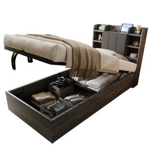 Lit coffre 90x200 Cm, Lit En Bois, Tête De Lit Avec Rangement, Prise USB Et Type-c, Gris