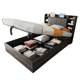 Lit Coffre 140x200 Cm, Lit En Bois, Tête De Lit Avec Rangement, Port USB Et Prise, Gris