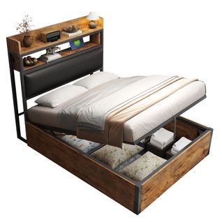 Lit Coffre 90x200 Cm Avec Tête De Lit Avec USB, Design Rétro, Couche De Rangement Cachée, Noir