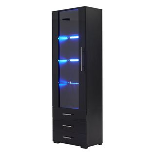 Vitrine Noire H.180 Cm Avec LED, Porte Acrylique Et 3 Tiroirs – Meuble D’exposition