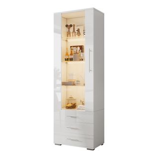 Vitrine LED Blanche H.180 Cm En Mdf Avec Porte Acrylique, 3 Tiroirs Et Étagères En Verre Trempé