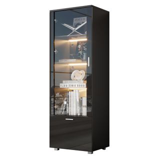 Vitrine Noire Moderne 160cm Avec LED, Porte En Acrylique, 3 Étagères En Verre Trempé Et Rangement