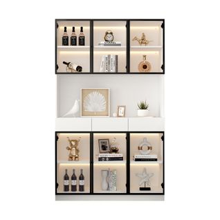Vitrine Haute.200cm Blanche LED Avec 6 Portes Verre Trempé Et 3 Tiroirs De Rangement