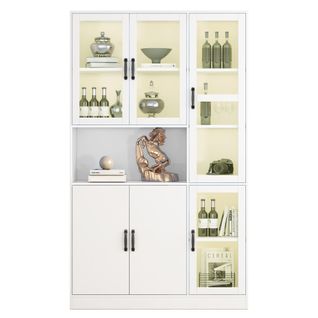 Vitrine Blanche H.200cm Avec LED, 4 Portes Acryliques, 2 Portes Bois Et 9 Espaces De Rangement