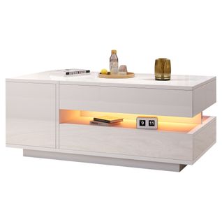 Table Basse Élèveable Avec 1 Tiroir, 1 Armoire Et LED Télécommandée - 95x50x34,5 Cm - Mdf - Blanc
