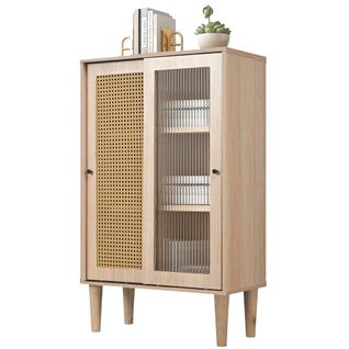 Buffet Haut Avec Portes En Rotin Et Verre Coulissant, 6 Compartiments - 60x40x100 Cm - Mdf - Naturel