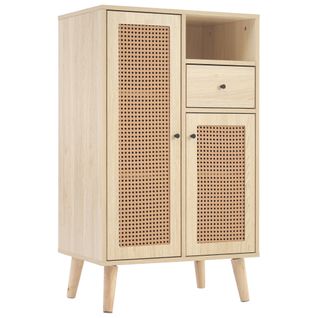 Buffet Haut Avec 2 Portes En Rotin, 1 Tiroir Et Niche Ouverte - 60x40x101 Cm - Mdf - Naturel