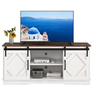 Meuble TV L.150cm Blanc Et Plateau Bois, Buffet Avec 2 Portes Coulissantes Et Rangements