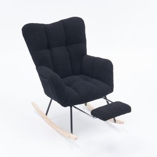 Fauteuil à Bascule En Tissu Teddy Noir Avec Repose-pieds Pliable, Chaise En Bois Et Métal Noir
