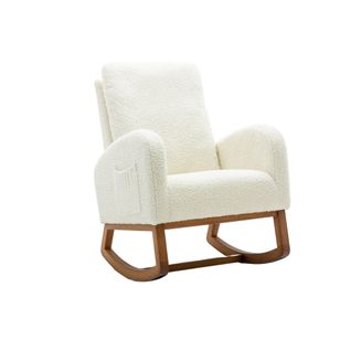 Fauteuil à Bascule Tissu Teddy Blanc Avec Dossier Haut, Accoudoirs Longs Et Assise Rembourrée