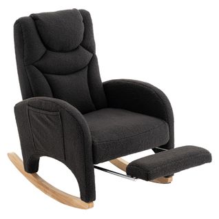 Fauteuil à bascule, tissu Teddy gris foncé, repose-pieds pliable, cadre en bois, dossier ergonomique