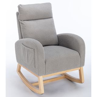 Fauteuil à Bascule En Teddy Gris Clair Ultra-doux Avec Poches De Rangement Et Repose-pieds