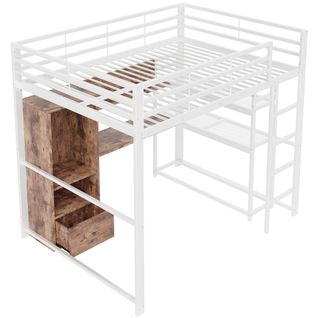 Lit Mezzanine 140x200cm, Avec Éclairage LED, Bureau, 1 Tiroir, Étagère, Structure En Fer, Blanc