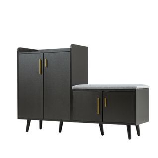 Meuble à Chaussures Noir Avec 4 Portes Et Poignées Métalliques Asymétriques - Bois Et Métal