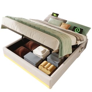 Lit Coffre 90x200 Cm - Lit Simple Avec Poches De Rangement Latérales Pratiques - Lin + Mdf - Beige