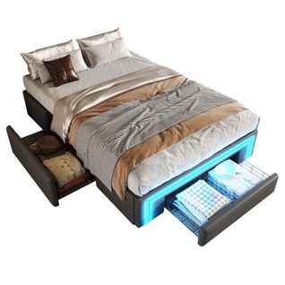 Lit Avec Rangement 90x200 Cm - Lit Simple Avec 2 Tiroirs Et Bande LED - Sans Matelas - Gris