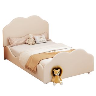 Lit Enfant 90x200 Cm - Lit Capitonné Avec Tête Et Pied De Lit Nuage - Velours - Beige