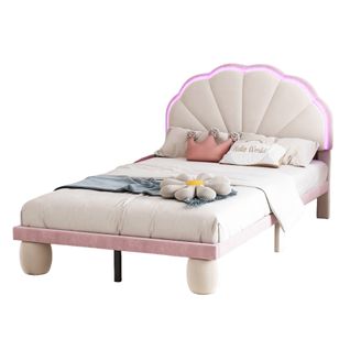 Lit Enfant 90x200 Cm - Lit Avec LED Multicolores Et Pieds Ronds Capitonnés - Velours - Beige Et Rose