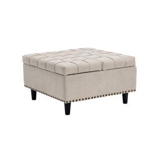 Pouf De Rangement Coffre Carré Grande Capacité Et Assise Confortable En Tissu - Beige