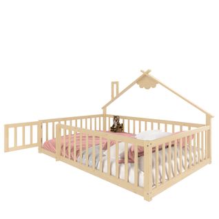 Lit Enfant 140x190 Cm - Lit Maison Avec Barrières - Pin + Mdf - Naturel