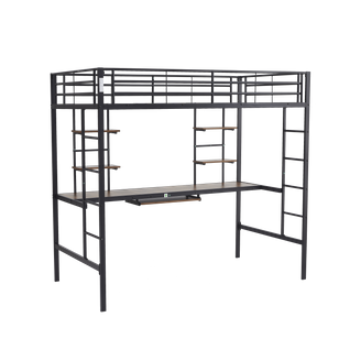Lit Mezzanine Métal Noir 90x190 Cm Avec Bureau, Tablette Clavier Intégré Et Rangement