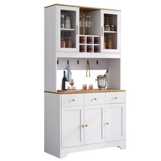 Buffet Haut 94,5 X 40 X 175,5 Cm, Cinq Portes, Trois Tiroirs Et Compartiments Ouverts, Blanc
