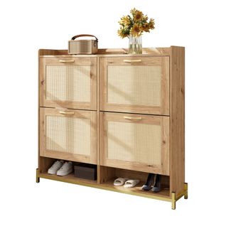 Meuble à Chaussures Moderne En Bois 108.5x24x100cm, 4 Portes En Rotin, Mdf, Couleur Bois