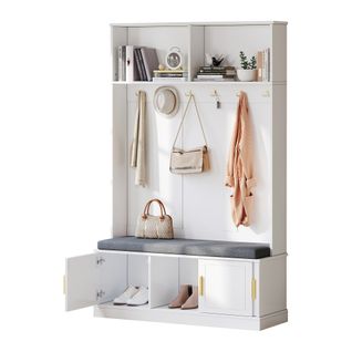 Vestiaire, Porte-manteau Blanc Avec Banc Et Étagère à Chaussures, Meuble D’entrée, 3 Portes