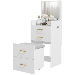 Coiffeuse 3 En 1 Avec Miroir Pliable, Table De Chevet, Tabouret à Roulettes, 4 Tiroirs De Rangement