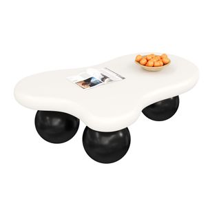 Table basse moderne 95 X 62,5 X 32 Cm Avec Éclairage LED, Pieds Ronds Noirs, Plateau Blanc