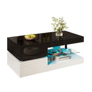 Table Basse 90x45x35,5cm, Avec LED, Étagère En Verre, Plateau Noir Brillant, Base Blanc Brillant