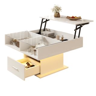Table Basse Relevable Multifonctionnelle Haute Brillance 78x78x45,5 Cm, Avec LED, 1 Tiroir, Blanc