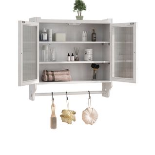 Armoire De Toilette63x18x60cm, 2 Portes En Verre, étagères Amovibles, mural, mdf, blanc