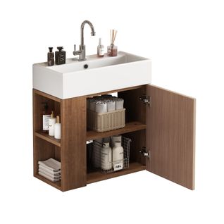 Meuble Vasque55x31x66.5cm, 1 Portes, Bac En Céramique, Naturel, Rangement Sur Le Côté, Mdf, Marron