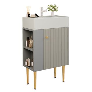 Meuble Vasque55x31x91cm, rangement Sur Le Côté, design Posé Au Sol, bac En Céramique, mdf, gris