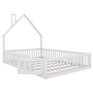 Lit cabane Avec Barrières, 200x140cm, Lit Enfant Avec Sommier à lattes, Pin Et Mdf, blanc