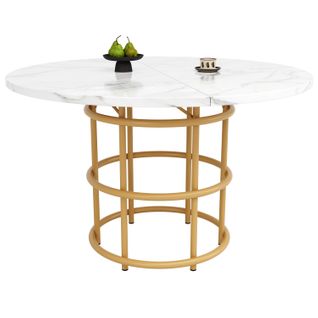 Table De Salle à Manger Ronde 100 Cm Mdf Effet Marbre Avec Pieds En Métal Noir, Table Ronde Moderne