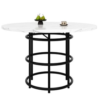 Table De Salle à Manger Ronde 100 Cm Mdf Finition Marbre Avec Pieds En Métal Noir, 4-6 Personnes