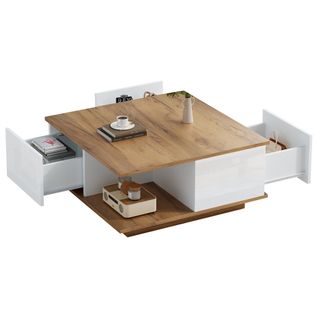 Table Basse70x70x31.5cm, table Carrée, 3 Tiroirs, motif Bois, aggloméré, couleur Bois+blanc