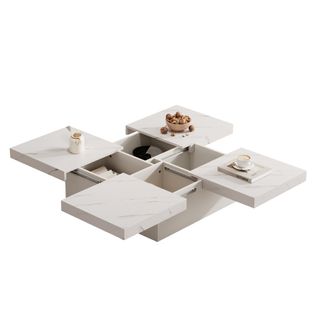 Table Basse 90x90x25cm, moderne, table Carrée, motif Marbre, 4 Coffres, aggloméré, blanc