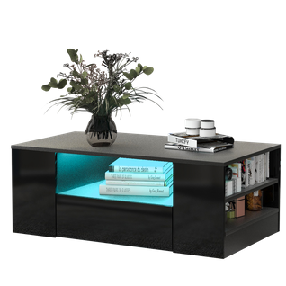 Table Basse 95x53x37 Cm, led, 2 Tiroir, table Rectangulaire, moderne, aggloméré, noir