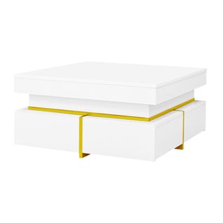Table Basse Brillante Avec Rangement, Détails Dorés, Panneau De Particules, Blanc