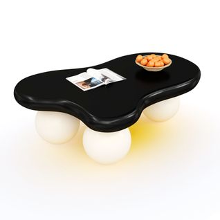 Table Basse Salon, LED Multicolore, Forme Nuage, Pieds Ronds Blancs, Mdf, Noir