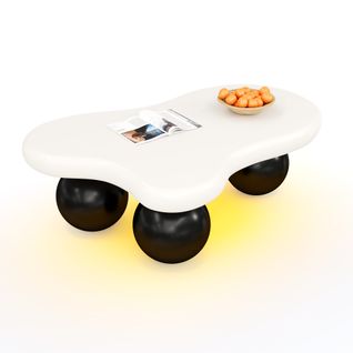 Table Basse Salon, LED Multicolore, Forme Nuage, Pieds Ronds Noirs, Mdf, Blanc