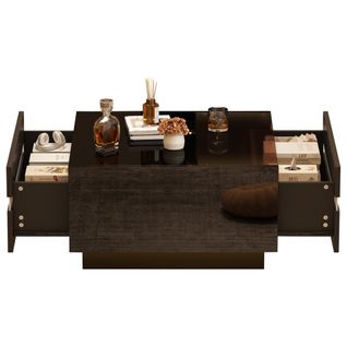 Table Basse LED Via Appli, 2 Tiroirs Asymétriques, Verre Trempé Et Panneau De Particules, Noir