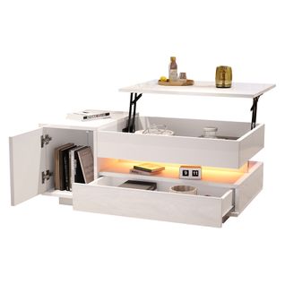 Table Basse Blanc, Rangement, 1 Tiroir, Plateau Élèveable, LED Contrôlable, Design Moderne