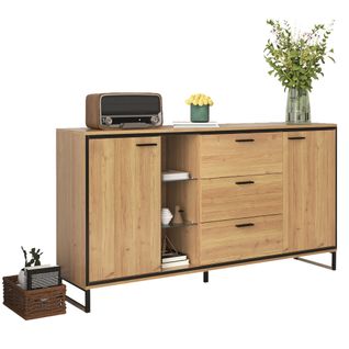 Buffet Salon 3 Tiroirs Et 2 Portes, Grain De Bois, LED, 160x40x85 Cm, Noir Et Naturel